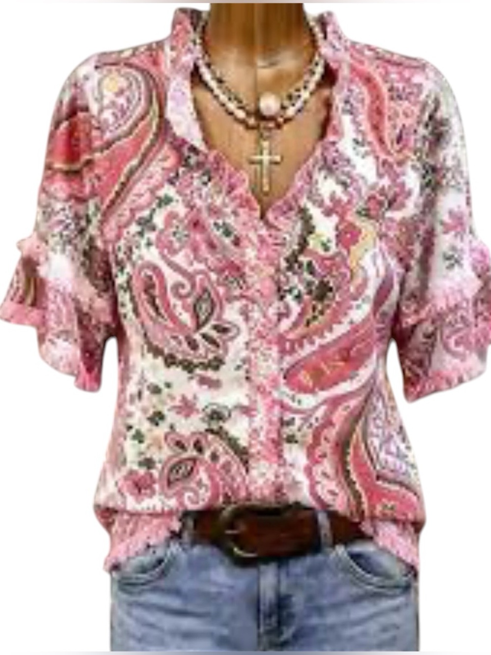 Cherry Betty Pink Paisley Print Ruffle Neck Frayed Hem Short Sleeve Top